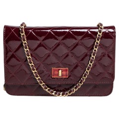 Chanel Burgundy Quilted Patent Leather Reissue Wallet On Chain