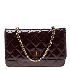 Chanel Burgundy Quilted Patent Leather Reissue Wallet On Chain
