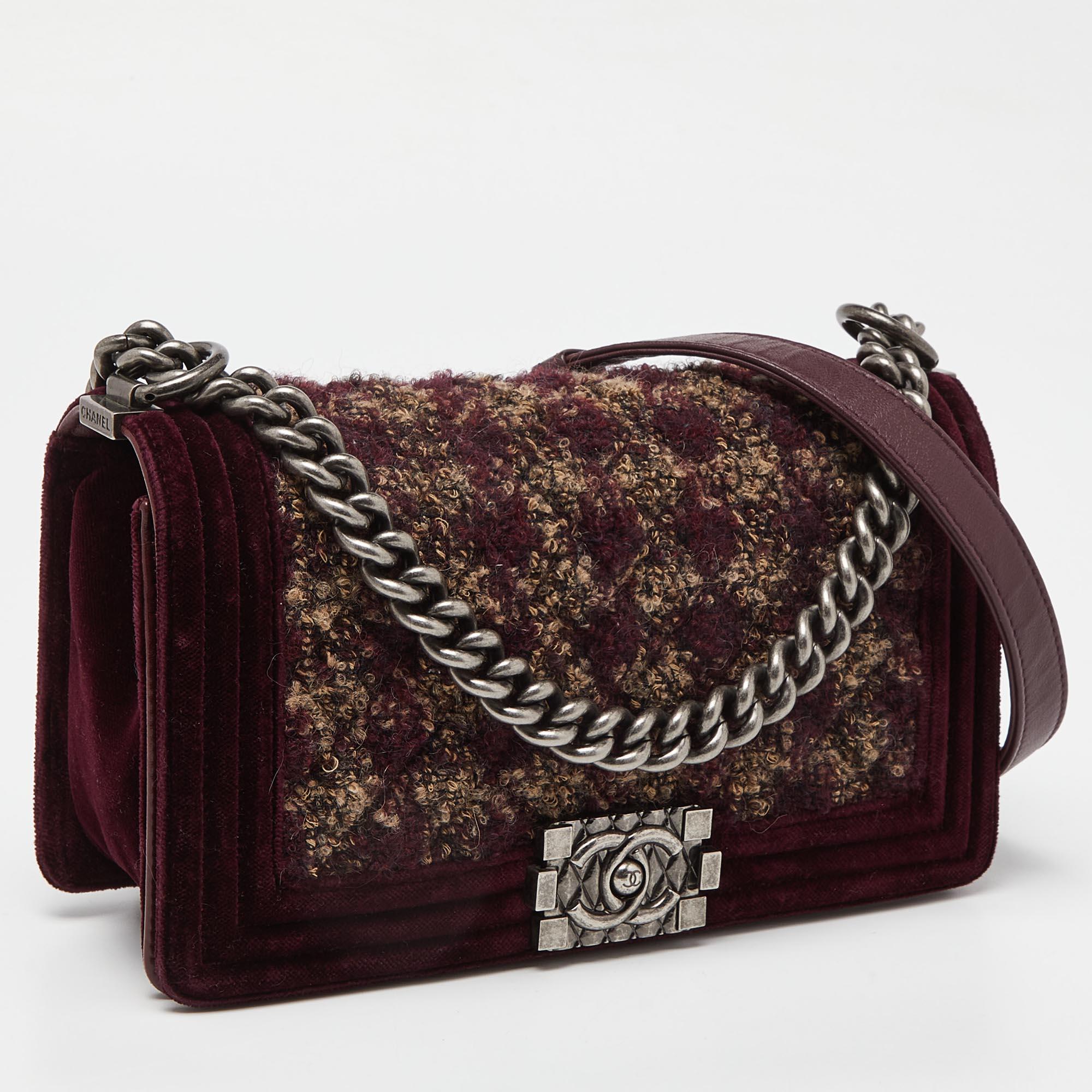 Chanel Burgundy Quilted Tweed Leather and Velvet Medium Boy Flap Bag For Sale 6