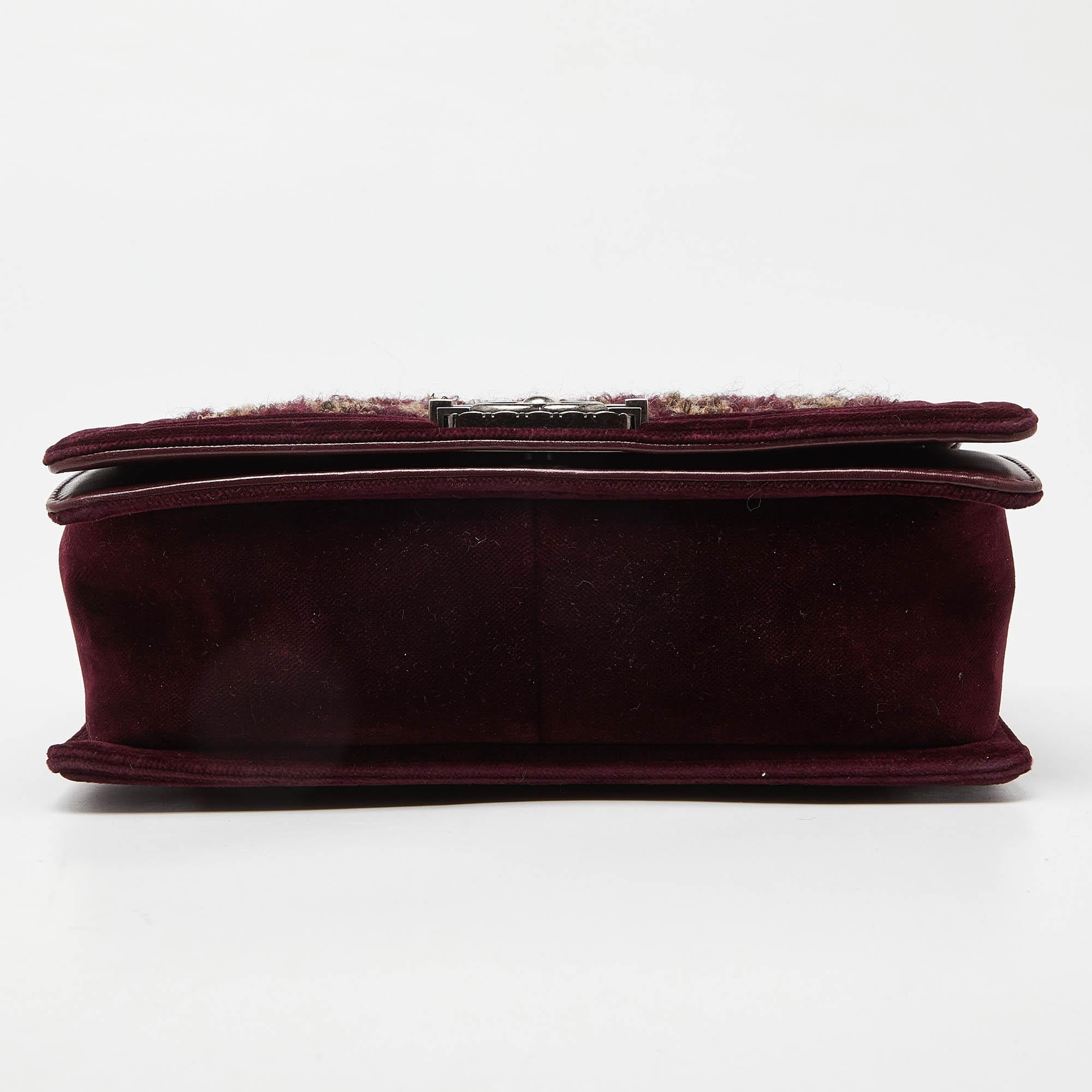 Women's Chanel Burgundy Quilted Tweed, Leather and Velvet Medium Boy Flap Bag