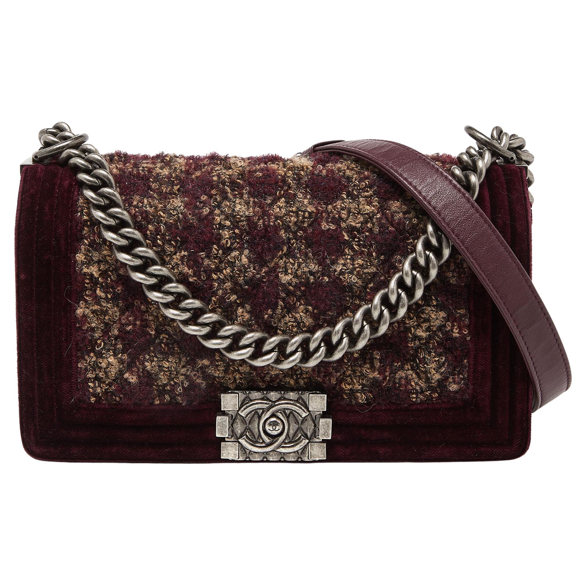 Chanel Burgundy Quilted Tweed Leather and Velvet Medium Boy Flap Bag For Sale