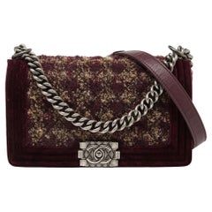 Chanel Burgundy Quilted Tweed Leather and Velvet Medium Boy Flap Bag