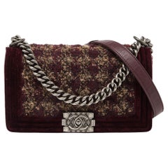 Chanel Burgundy Quilted Tweed, Leather and Velvet Medium Boy Flap Bag