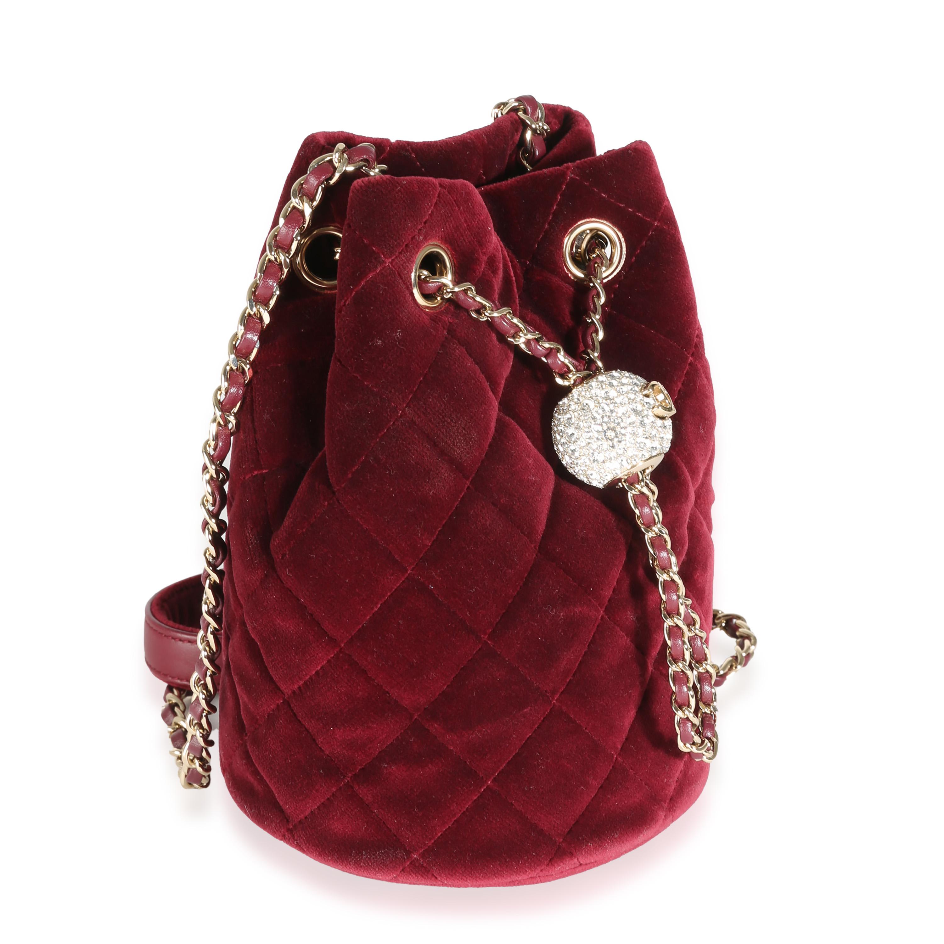 Brown Chanel Burgundy Quilted Velvet CC Pearl Crush Bucket Bag For Sale