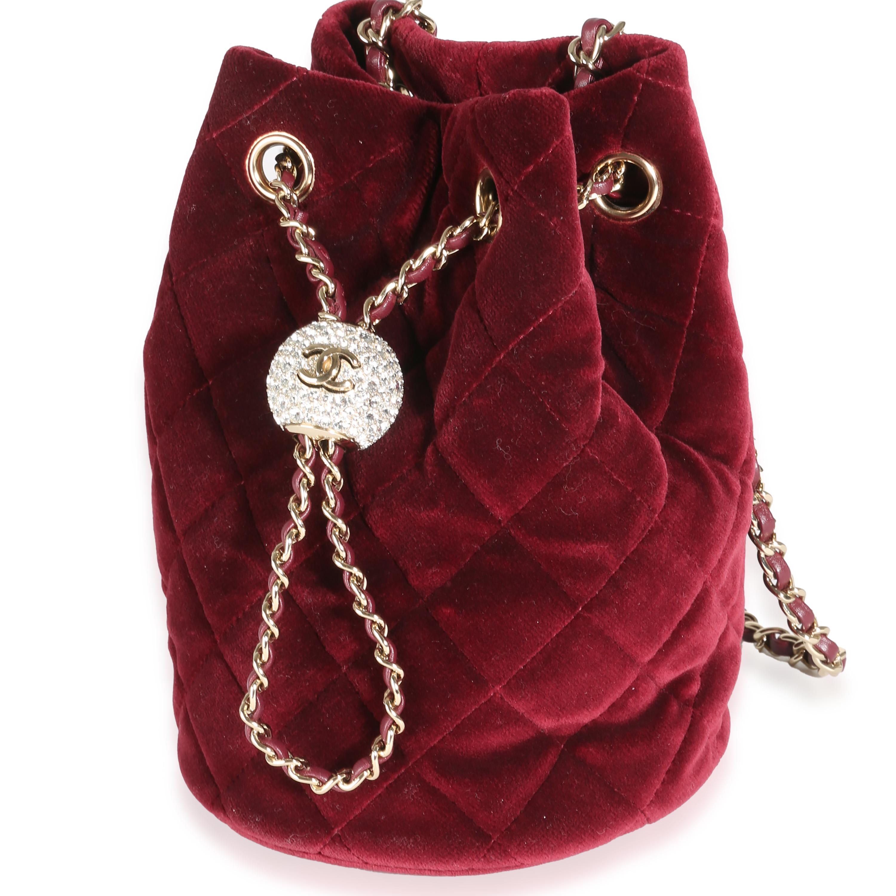 Chanel Burgundy Quilted Velvet CC Pearl Crush Bucket Bag In Excellent Condition For Sale In New York, NY