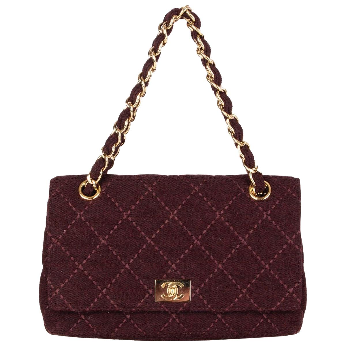 CHANEL burgundy quilted wool JERSEY CLASSIC FLAP Shoulder Bag