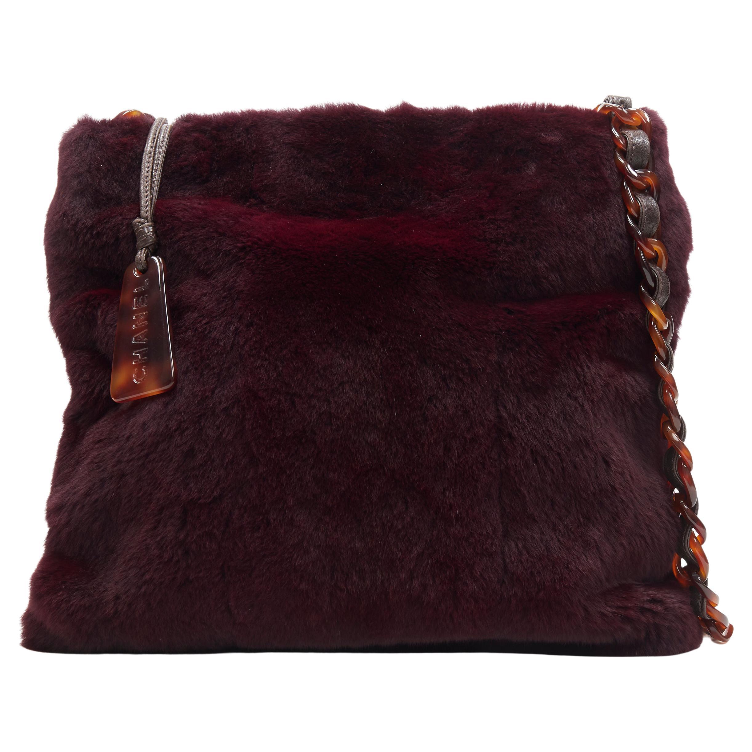 CHANEL burgundy red rabbit fur tortoise resin chain link crossbody bag