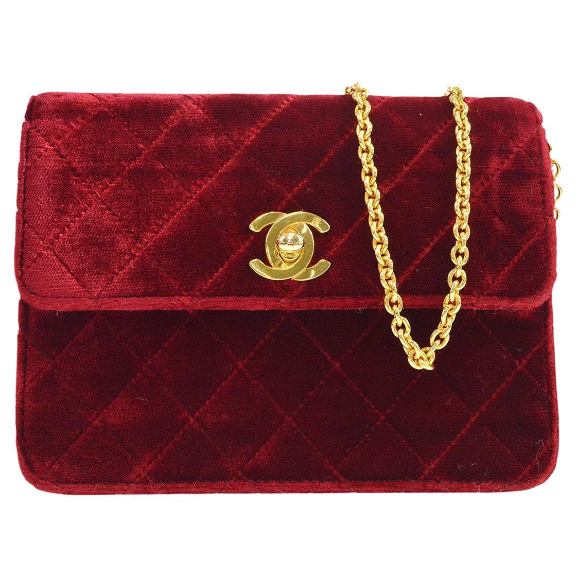 CHANEL Burgundy Red Velvet Gold Small Mini Micro Evening Shoulder Flap Bag