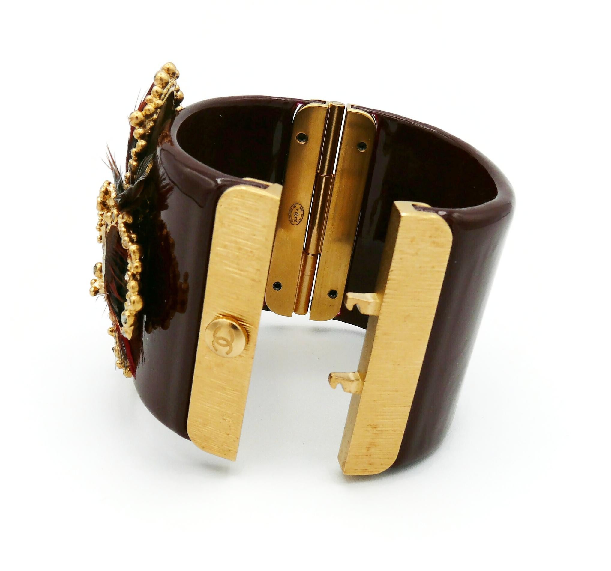 Chanel Burgundy Resin and Feather Cross Cuff Bracelet, Pre-Fall 2013 Collection For Sale 4