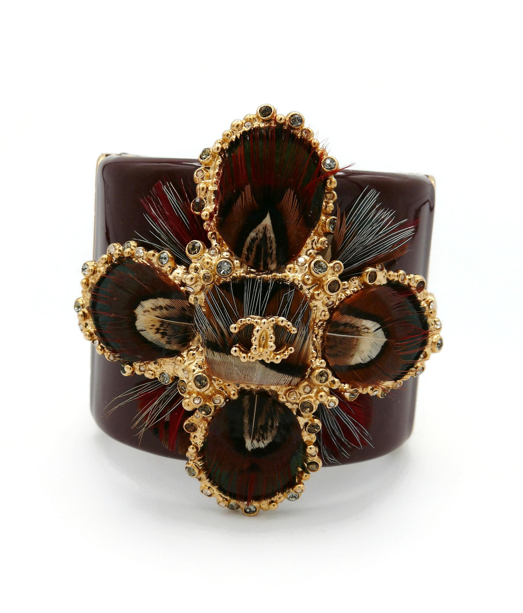 Chanel Burgundy Resin and Feather Cross Cuff Bracelet, Pre-Fall 2013 Collection For Sale 1