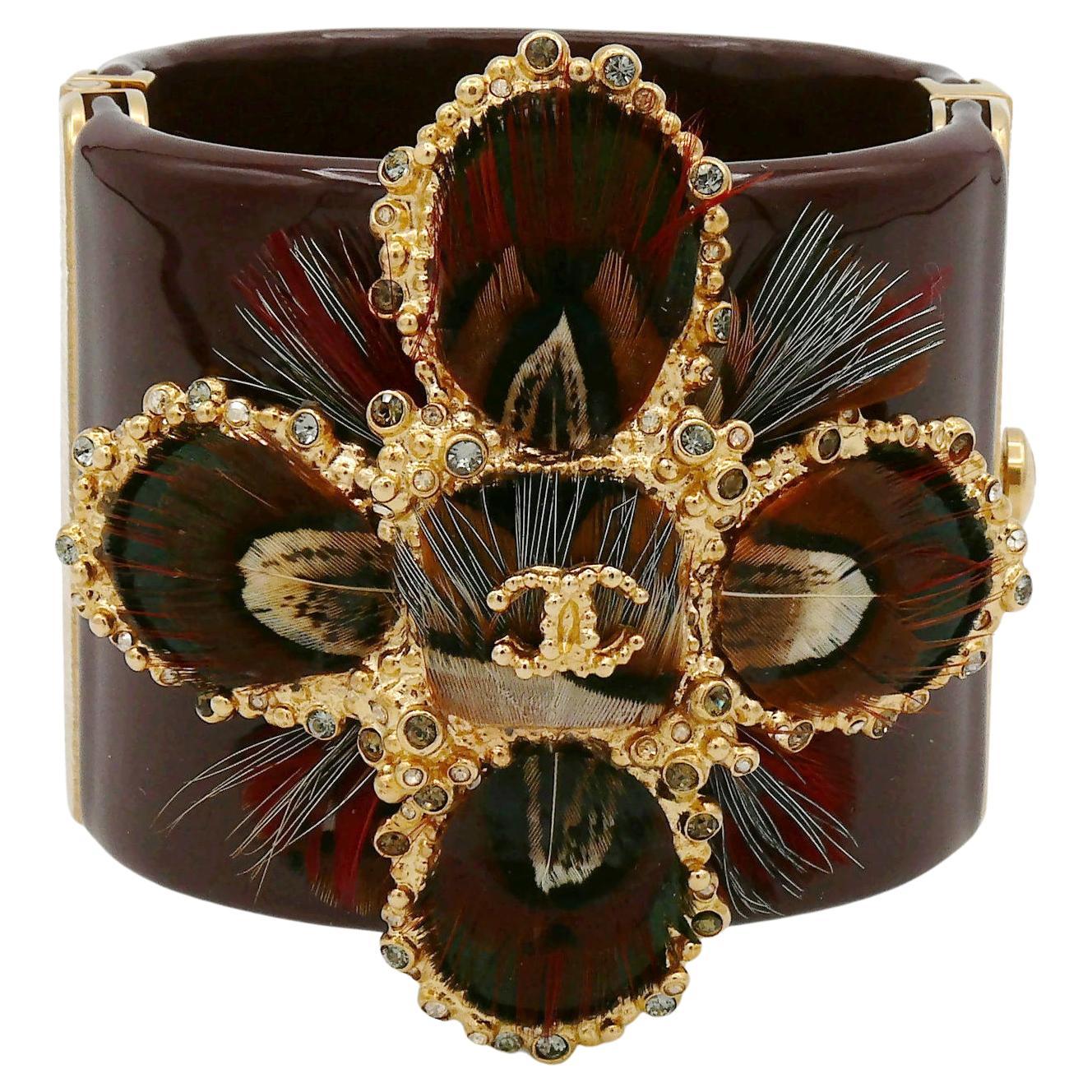 Chanel Burgundy Resin and Feather Cross Cuff Bracelet, Pre-Fall 2013 Collection For Sale