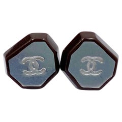Retro Chanel Burgundy Silver CC Piercing Earrings