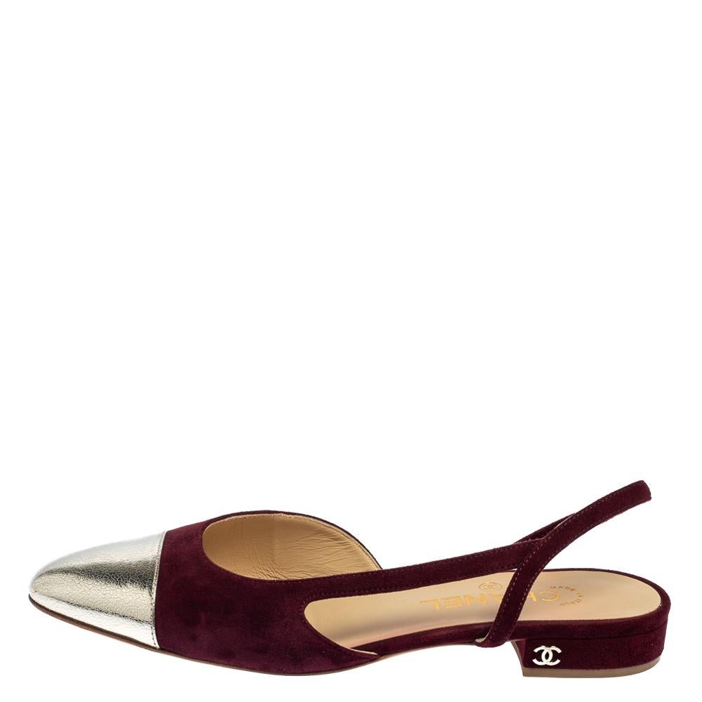 Chanel's iconic slingbacks delivered to you in a flat version. Crafted using burgundy suede, the Chanel slingback flats feature silver leather cap toes, leather-lined insoles, and the CC logo on the low heels.

Includes: Original Dustbag