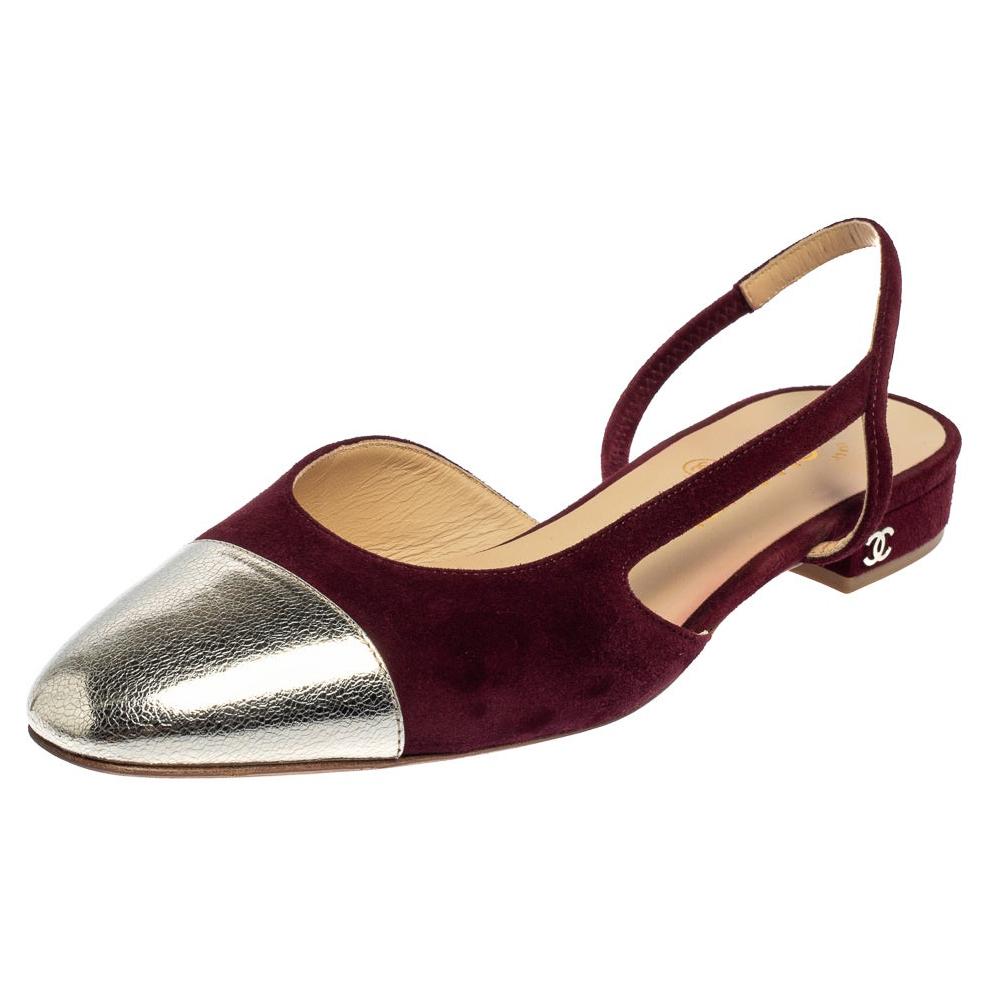 Chanel Burgundy/Silver Suede And Leather Cap Toe Slingback Flat Sandals Size 38