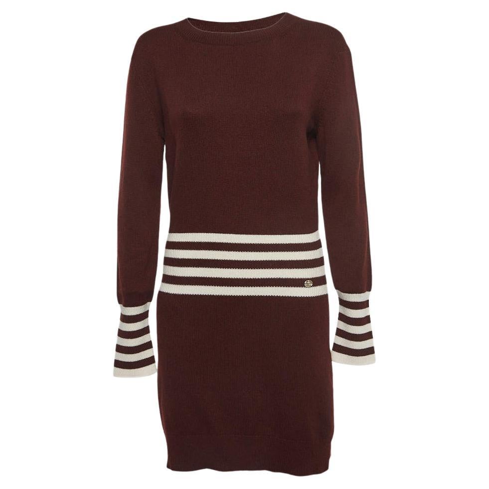 Chanel Burgundy Striped Cashmere Sweater Dress L