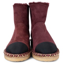 CHANEL burgundy suede 2019 19B SHEARLING LINED Boots Shoes 37