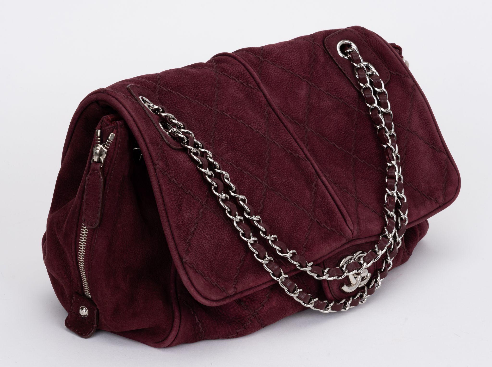 Chanel burgundy suede large single flap with accordion sides. Shoulder drop 7.5