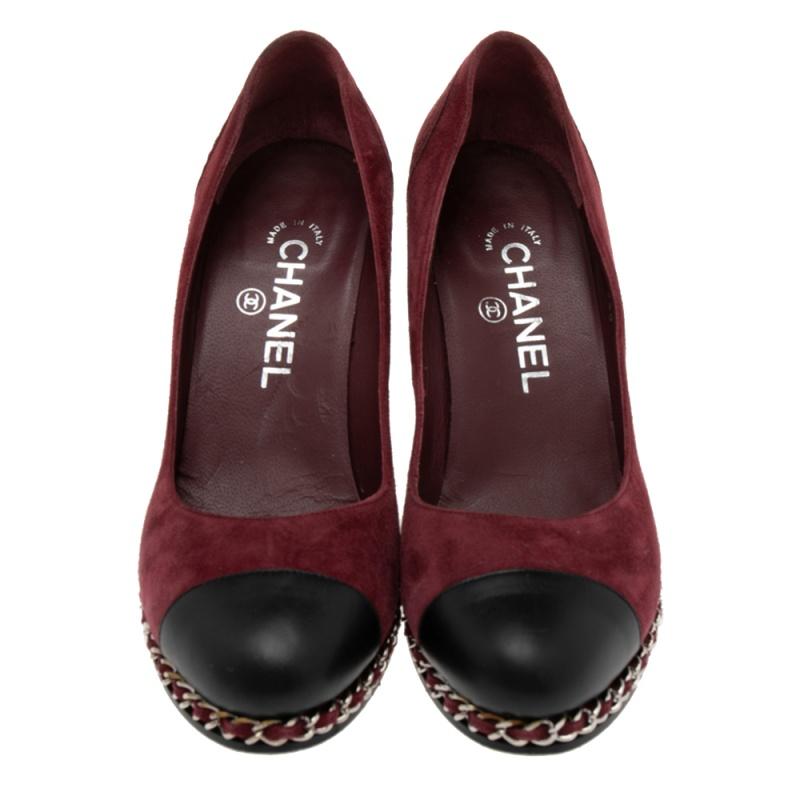 Chanel Burgundy Suede And Black Leather Cap Toe Wedge Pumps Size 38 3