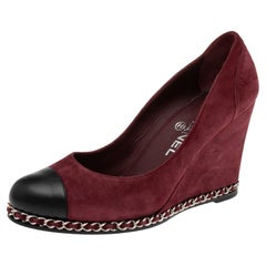 Chanel Burgundy Suede And Black Leather Cap Toe Wedge Pumps Size 38