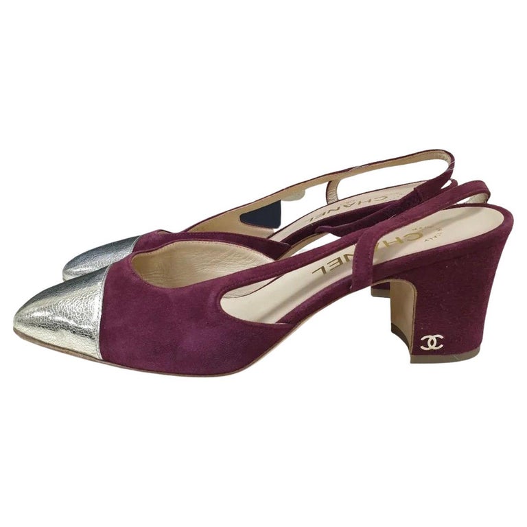 Chanel Burgundy Suede And Metallic Silver Leather Cap Toe Slingback Sandals  at 1stDibs