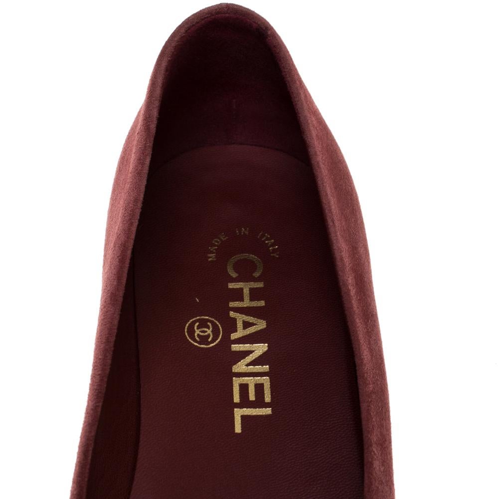 Brown Chanel Burgundy Suede And Patent Leather Camellia Ballet Flats Size 36