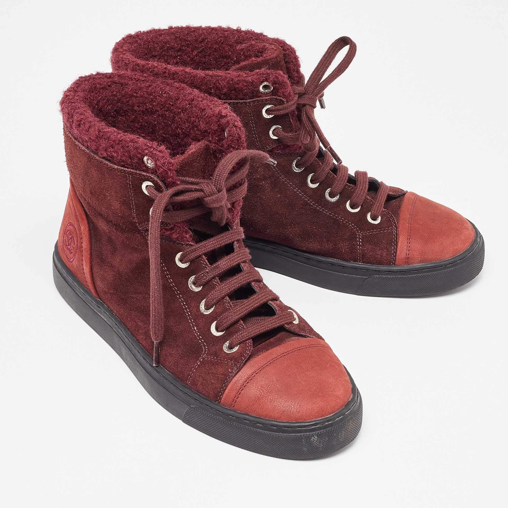 Women's Chanel Burgundy Suede and Wool Trim CC High Top Sneakers Size 37.5 For Sale