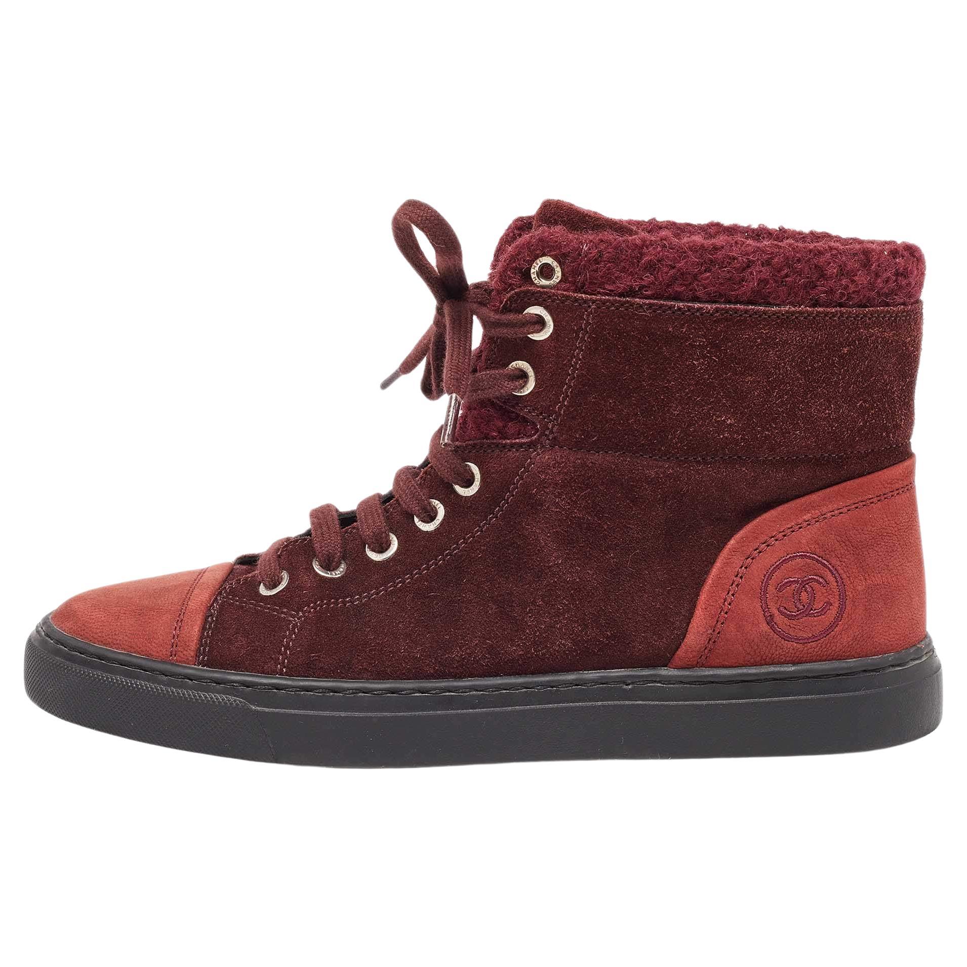 Chanel Burgundy Suede and Wool Trim CC High Top Sneakers Size 37.5 For Sale