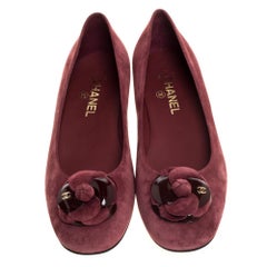 Chanel Burgundy Suede Leather Camellia CC Ballet Flats Size 41
