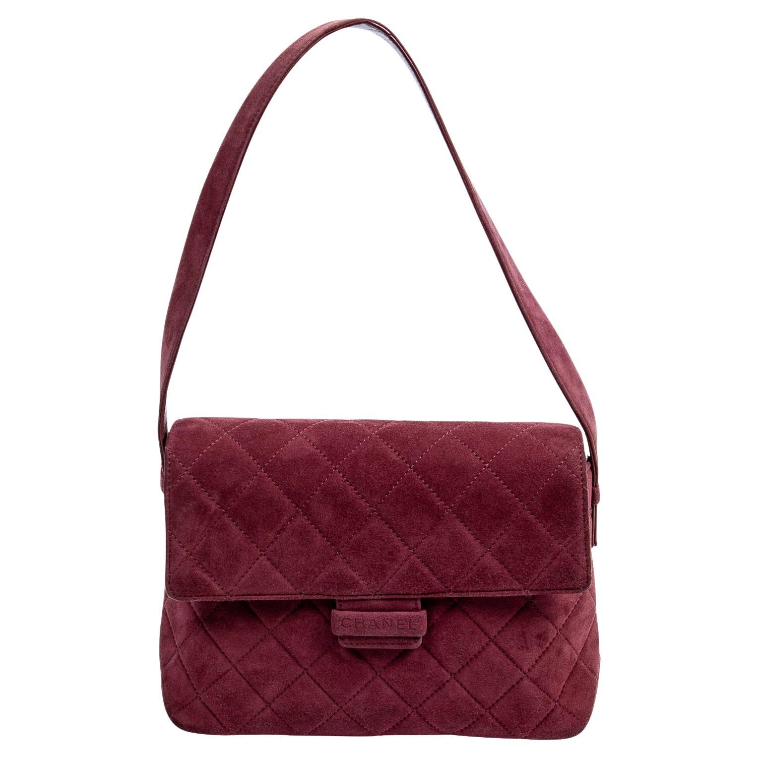 Chanel Burgundy Suede Logo Quilted Flap Bag For Sale