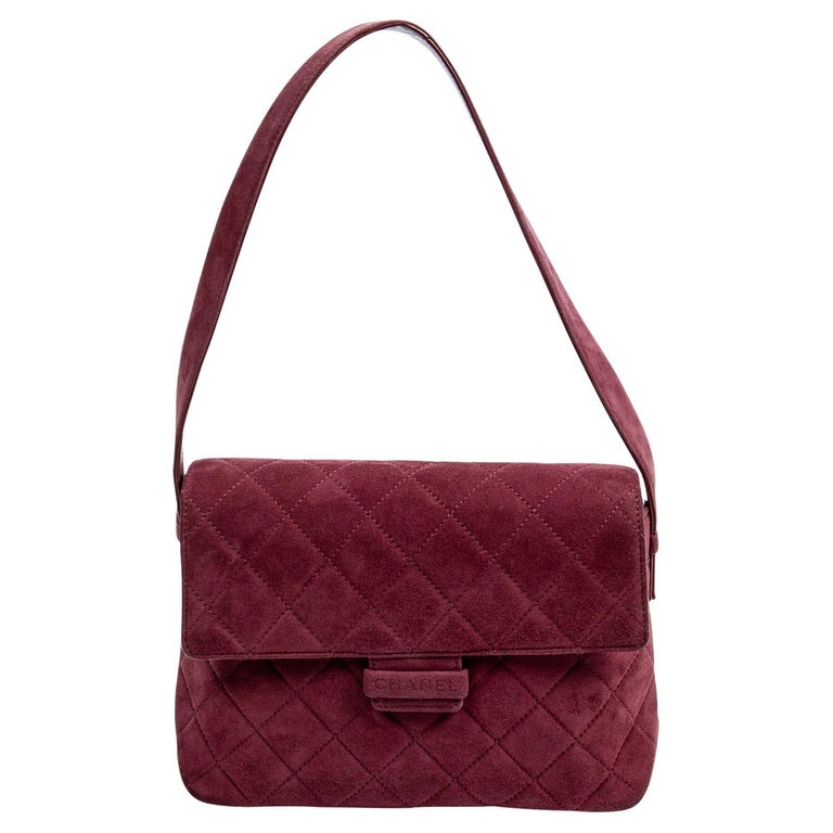 Chanel Burgundy Suede Logo Quilted Flap Bag For Sale at 1stDibs