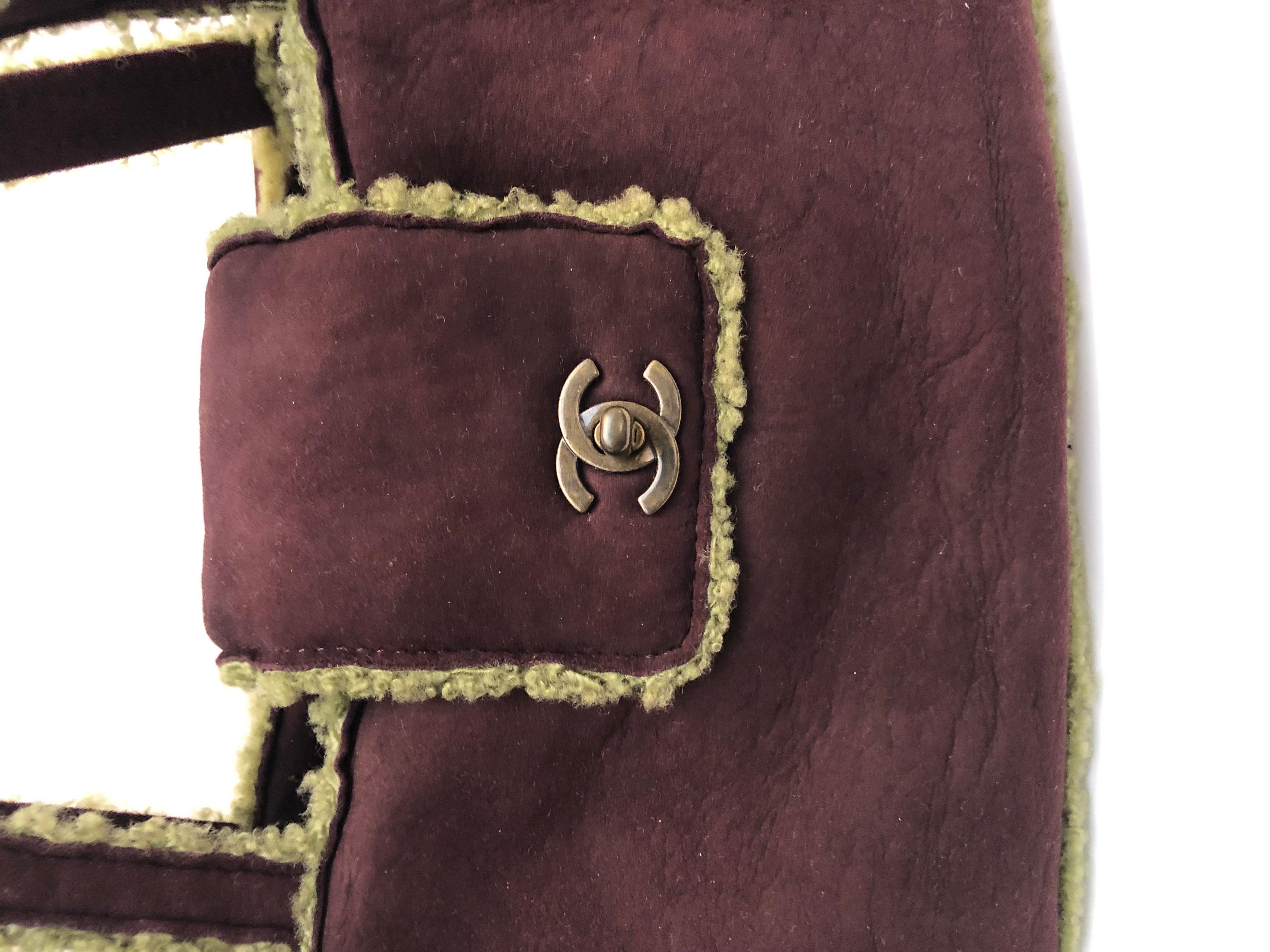 Chanel Burgundy  Suede Shearling Trim CC Turnlock Shoulder Handbag For Sale 1
