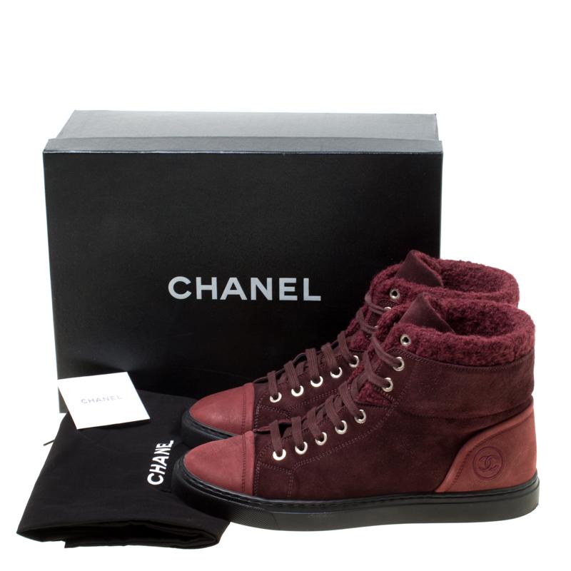 Women's Chanel Burgundy Suede With Wool Trim CC High Top Sneakers Size 38