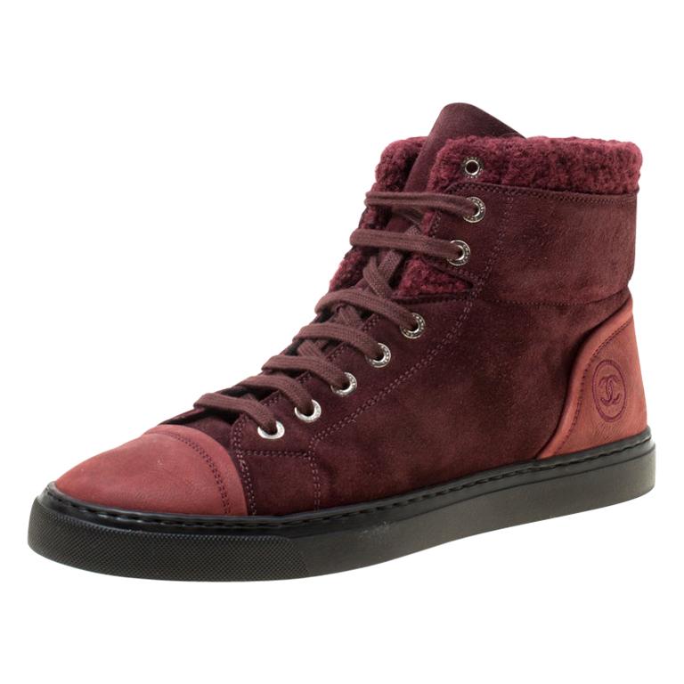 Chanel Burgundy Suede With Wool Trim CC High Top Sneakers Size 38