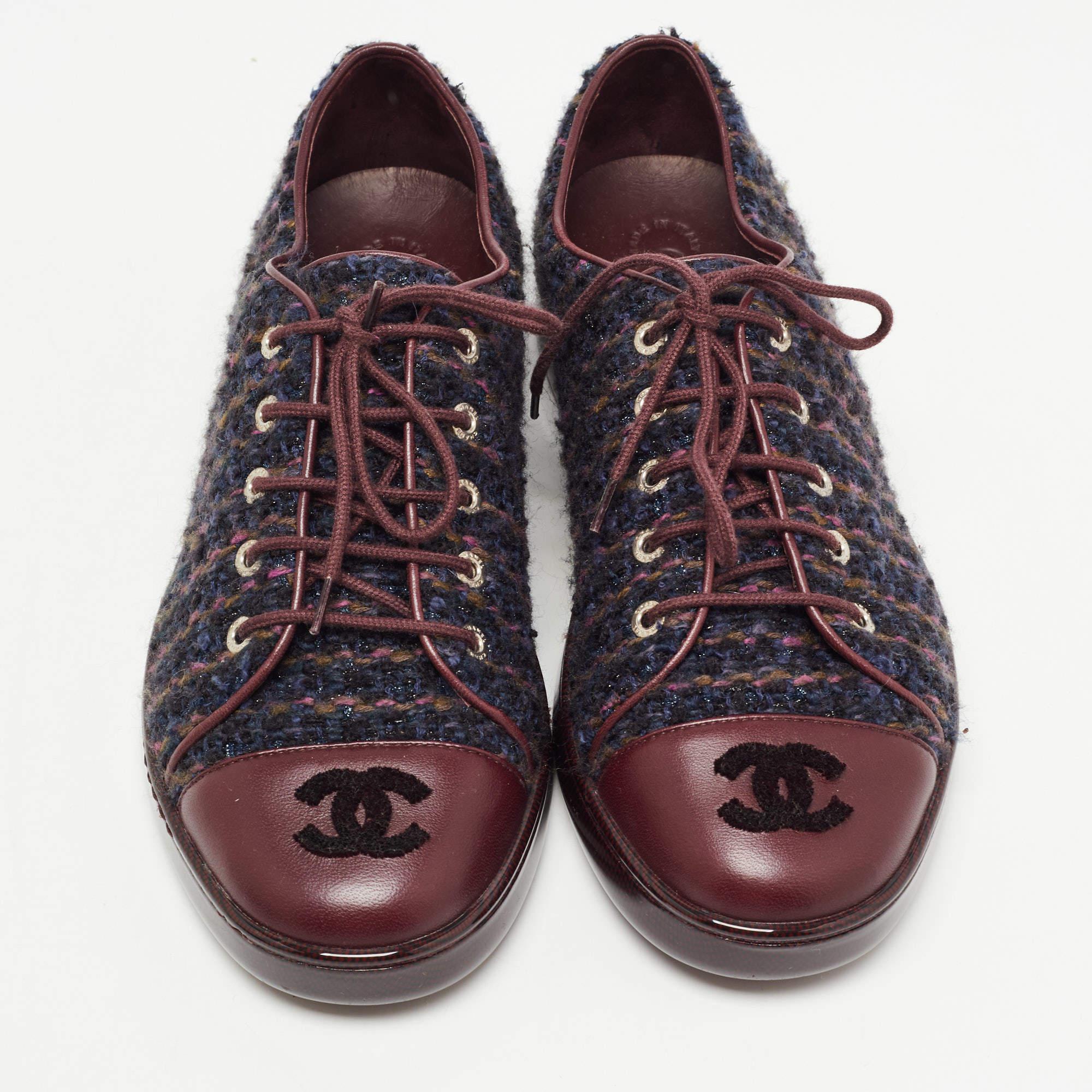 Chanel Burgundy Tweed and Leather CC Cap Low Top Sneakers Size 38 1