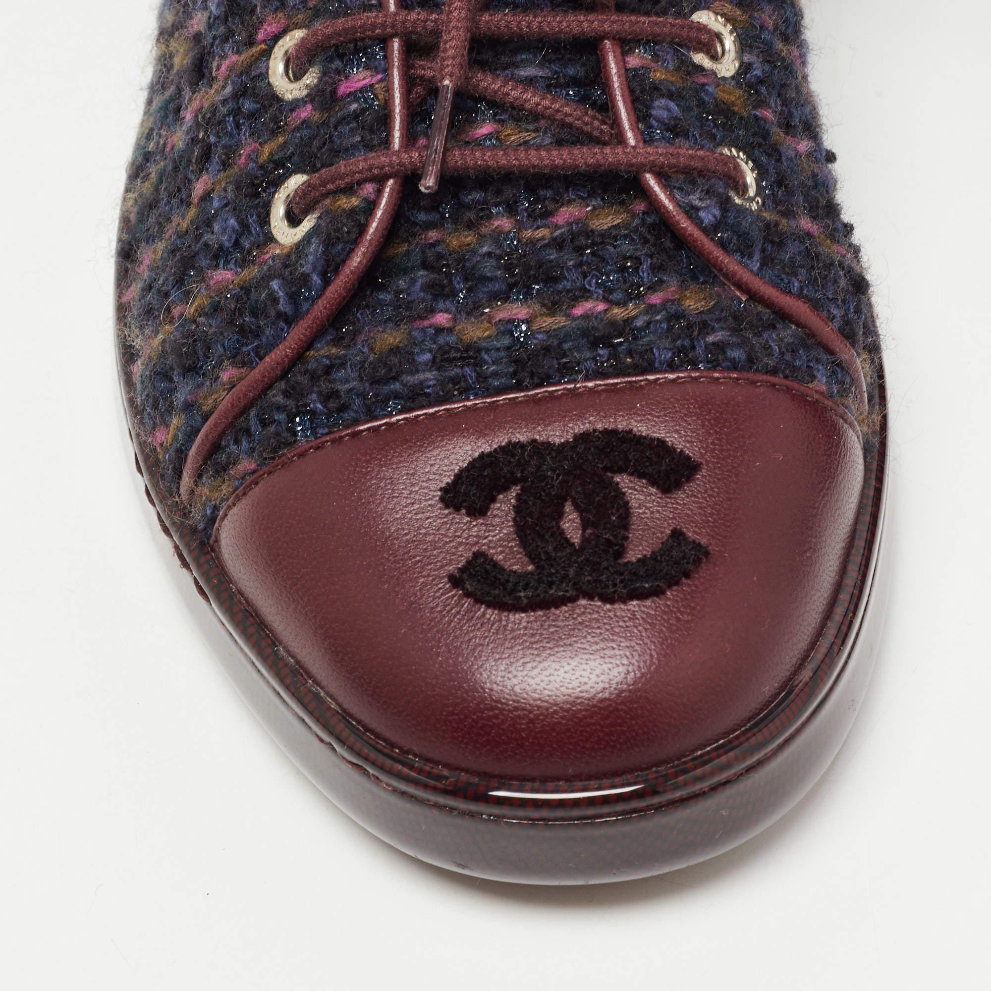 Chanel Burgundy Tweed and Leather CC Cap Low Top Sneakers Size 38 2