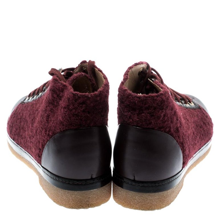 Chanel Burgundy Tweed And Leather Cc Cap Toe High Top Sneakers Size 37 For Sale At 1stdibs
