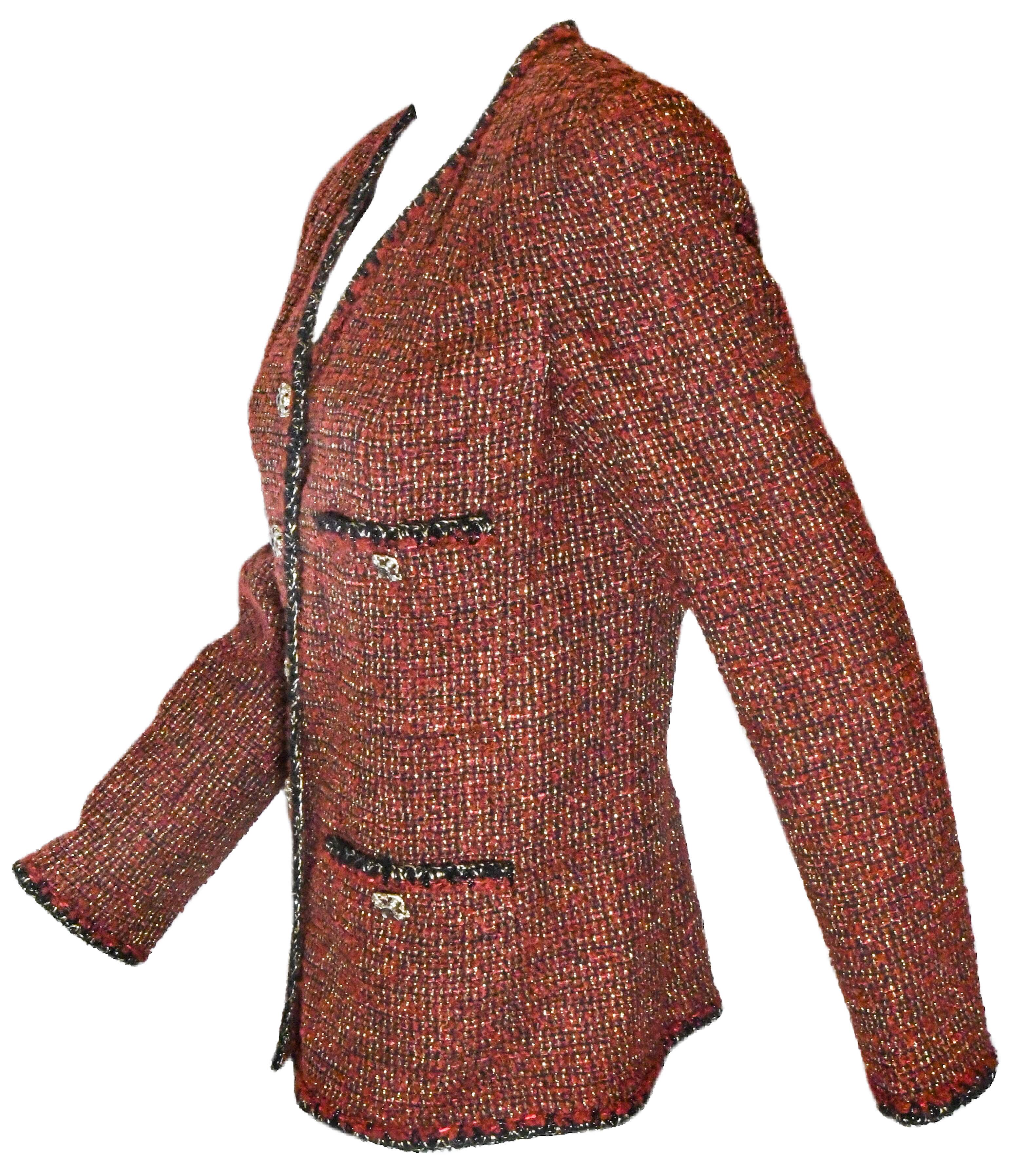 Chanel burgundy black and gold tone tweed jacket is trimmed in black and gold tone threads around neckline, front opening, cuffs and all four front patch pockets.  Each pocket is accentuated with a square buttons decorated with burgundy Gripoix