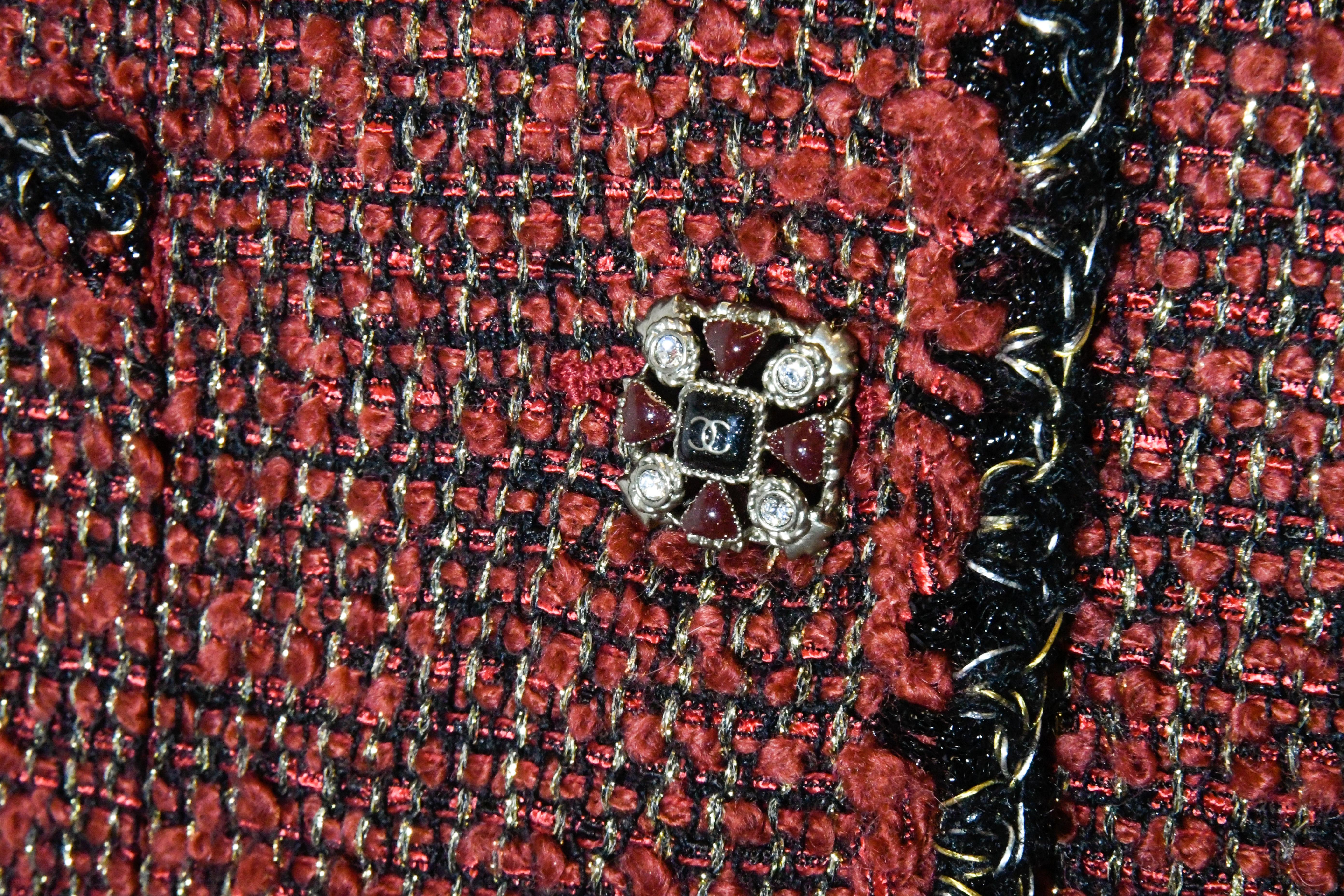 Women's Chanel Burgundy Tweed Jacket With Black & Gold Lurex Thread Trim