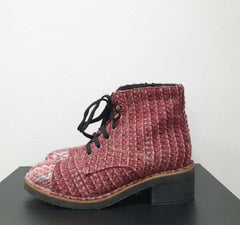 Chanel Burgundy Tweed Lace Up Ankle Boots