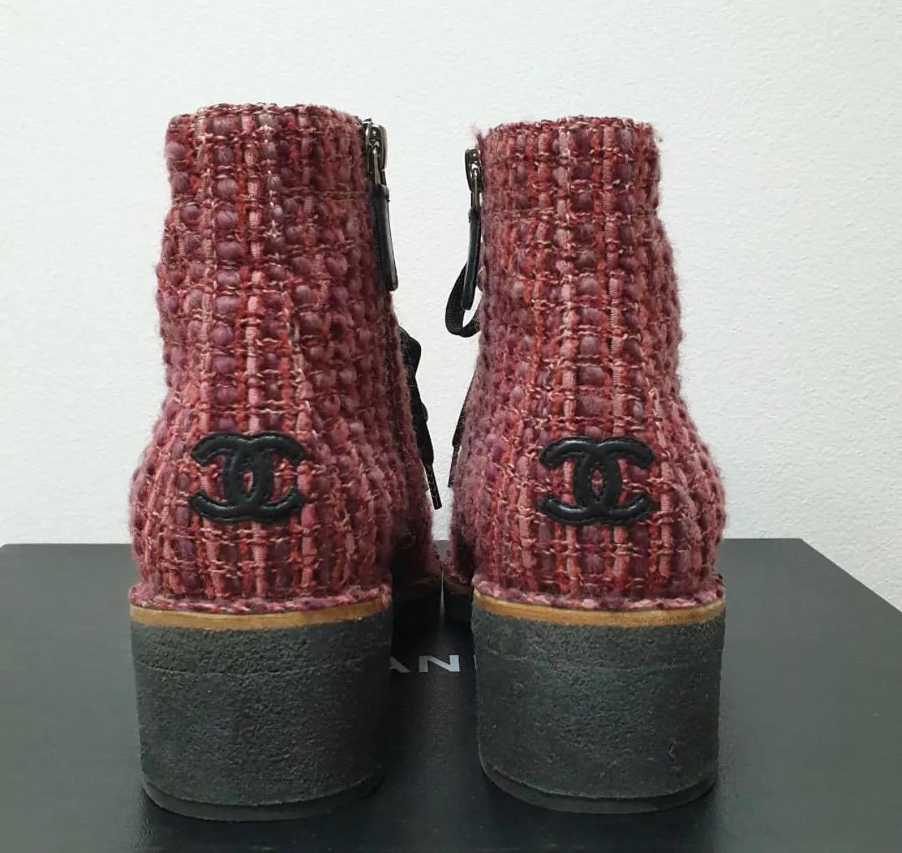 Brown Chanel Burgundy Tweed Lace Up Ankle Boots For Sale
