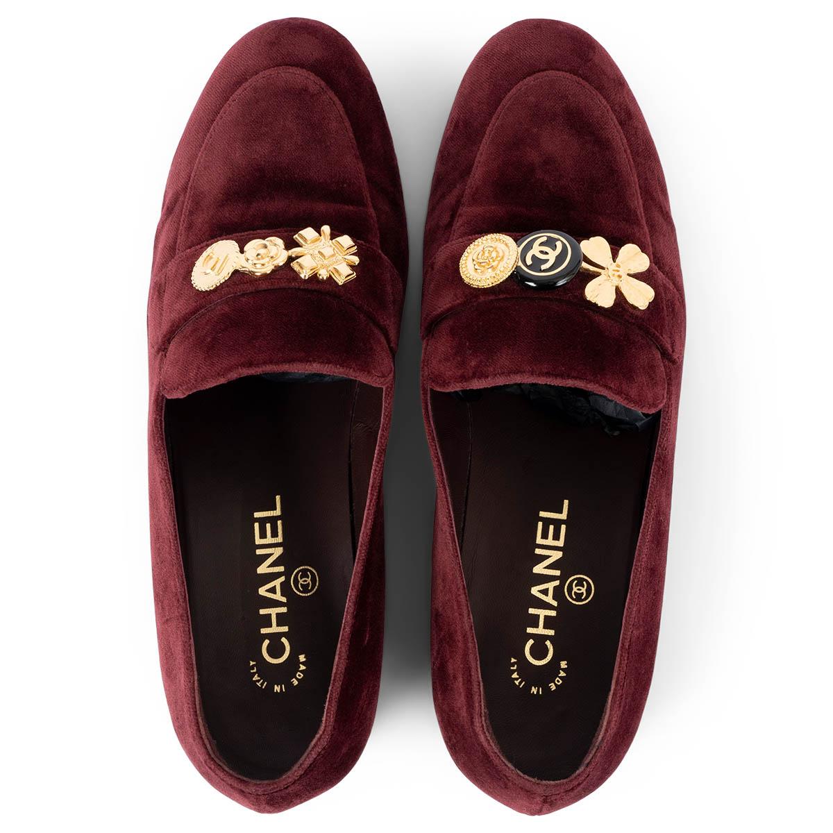 CHANEL burgundy velvet 2019 19B LUCKY CHARM Loafers Shoes 39 fit 38.5 2