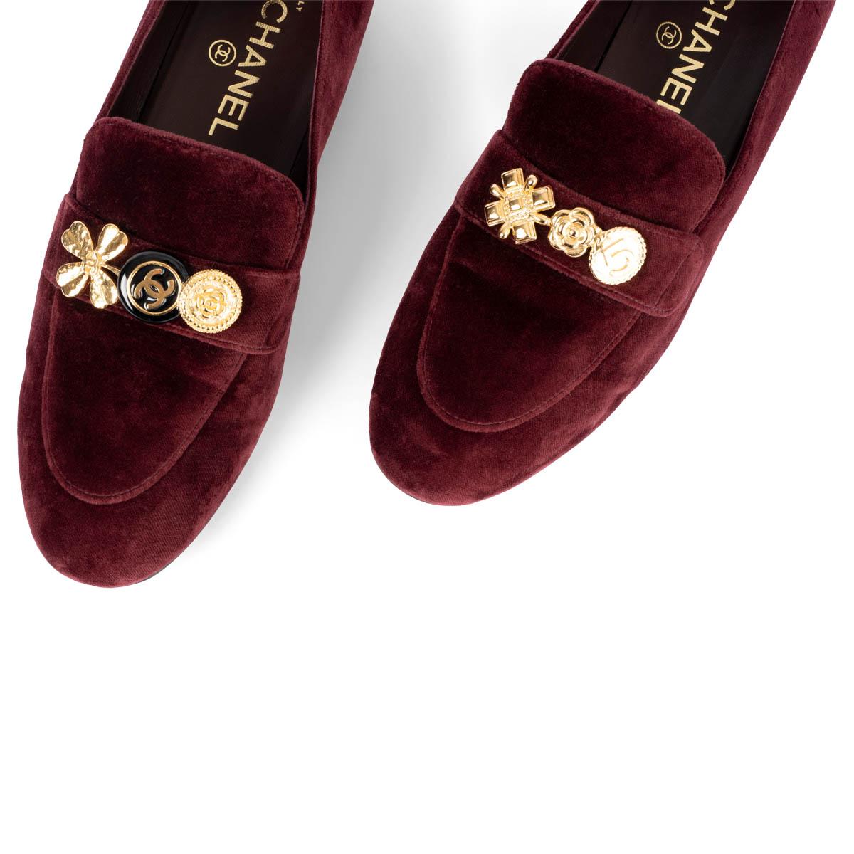 CHANEL burgundy velvet 2019 19B LUCKY CHARM Loafers Shoes 39 fit 38.5 3