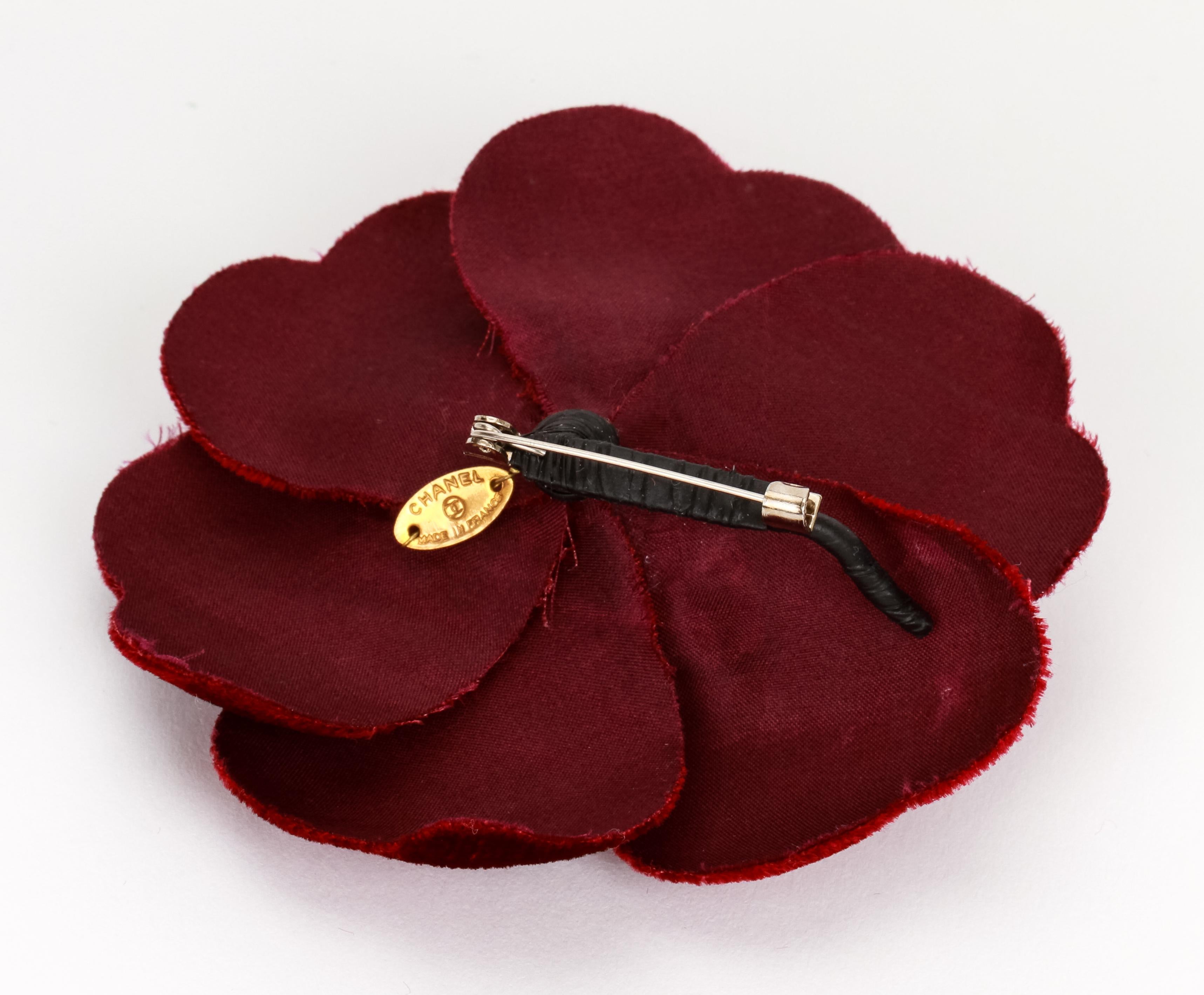 Chanel Burgundy Velvet Camellia Brooch Pin In Excellent Condition In West Hollywood, CA