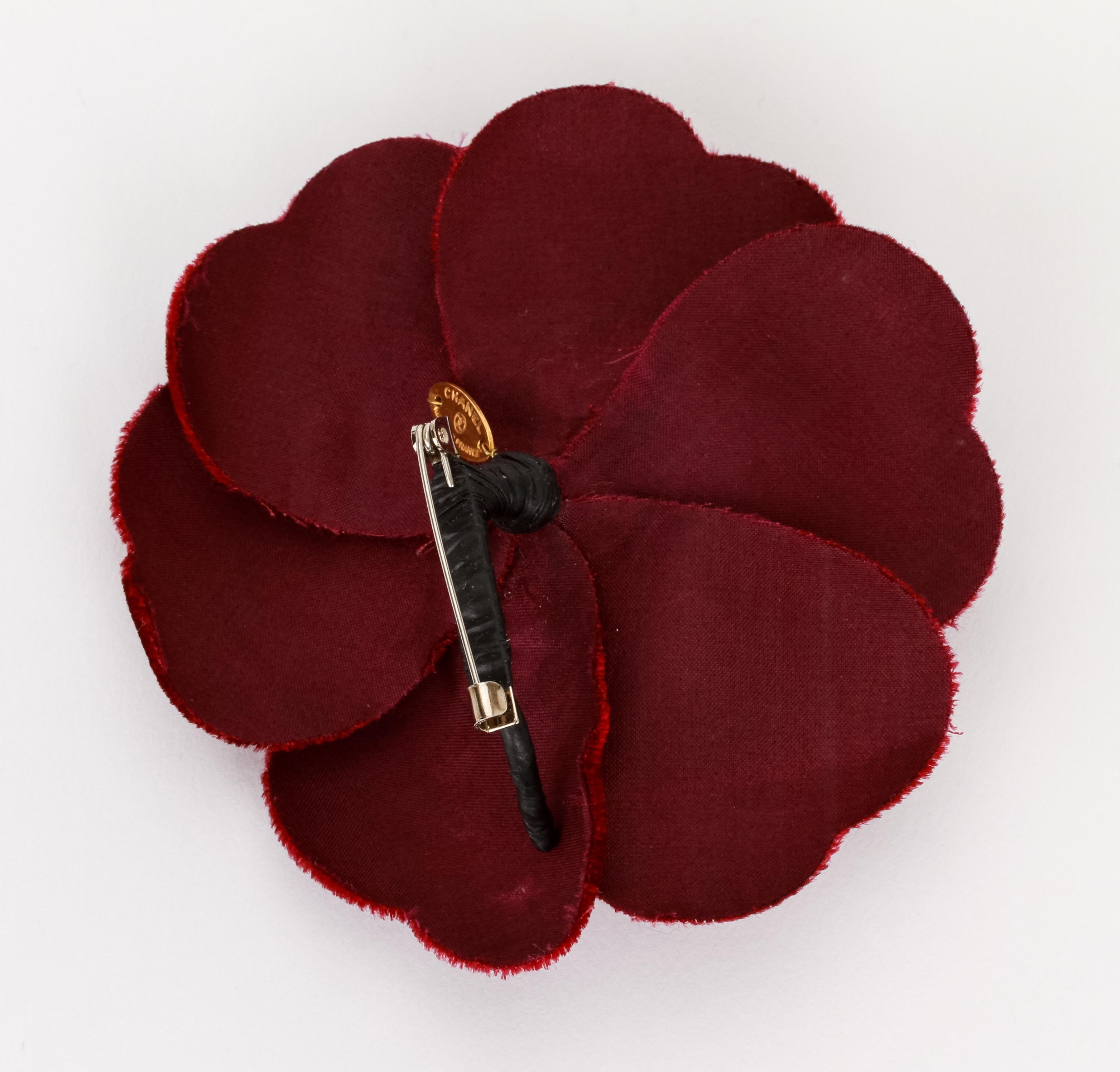 Chanel Burgundy Velvet Camellia Brooch Pin 1