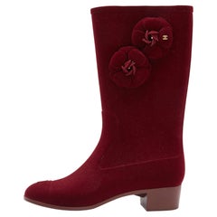 Chanel Burgundy Velvet CC Camellia Embellished Rain Boots Size 41