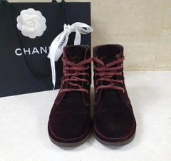 Chanel Burgundy Velvet CC Logo Lace Up Ankle Boots