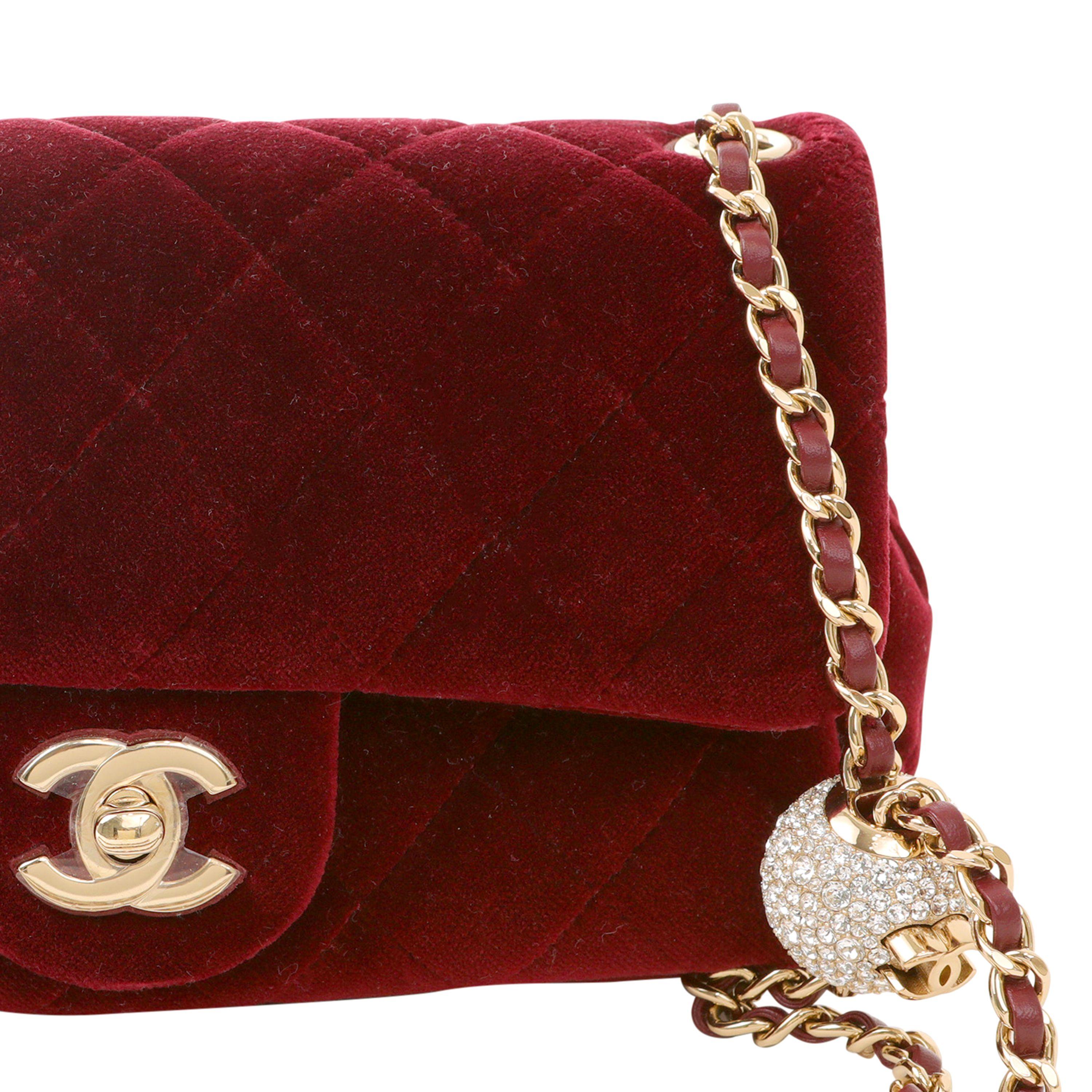 Chanel Burgundy Velvet Pearl Crush Mini Flap Bag with Gold Hardware In New Condition In Palm Beach, FL