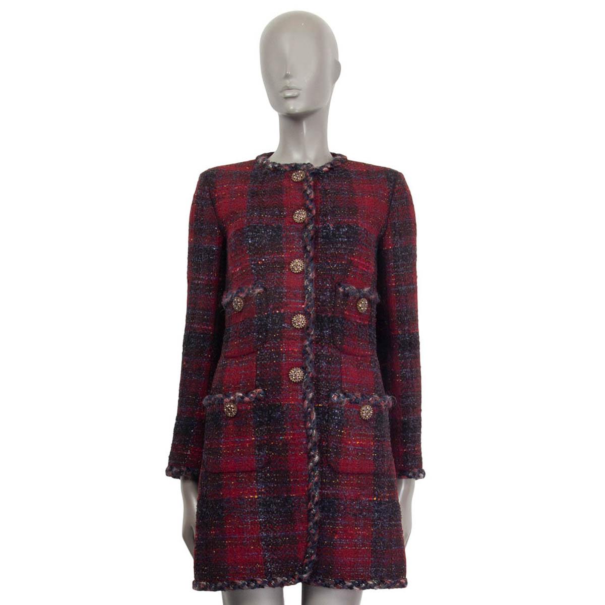 Black CHANEL burgundy wool PLAID TWEED 13A ENDINBOURGH Coat Jacket 34 XXS