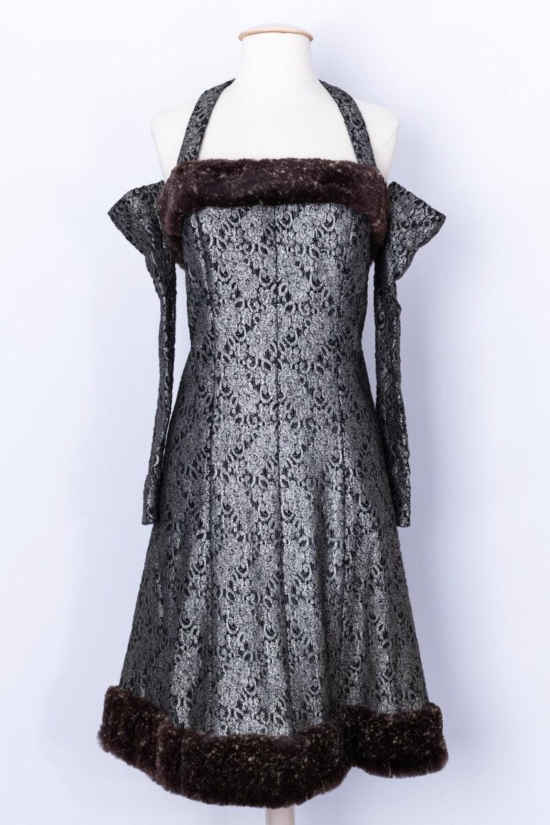 Chanel - Bustier dress composed of grey stretch fabric trimmed with rex-rabbit fur. It comes with a pair of long 