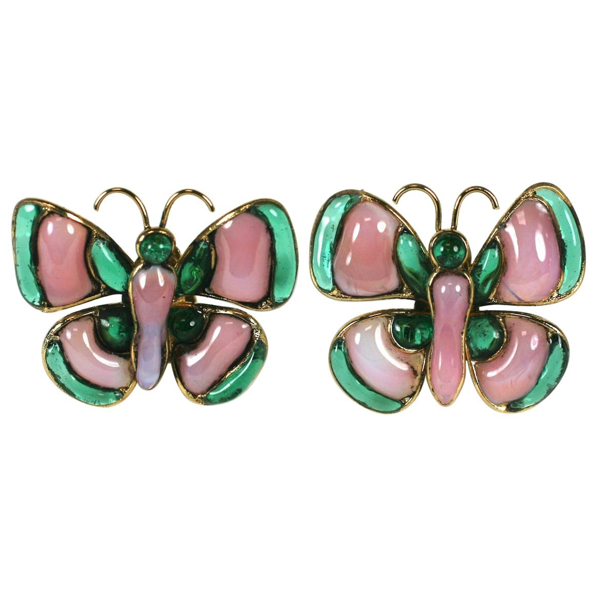 Chanel Butterfly Earclips of Poured Glass. Maison Gripoix For Sale
